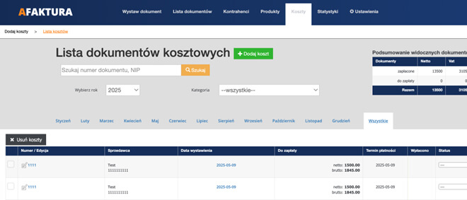 Edycja i dostępność faktury kosztowej po zapisaniu