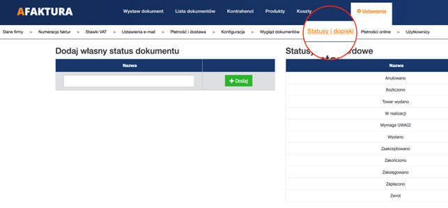 Tworzenie własnych statusów faktury