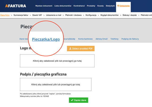Kliknij w sekcję „Pieczątki/Logo