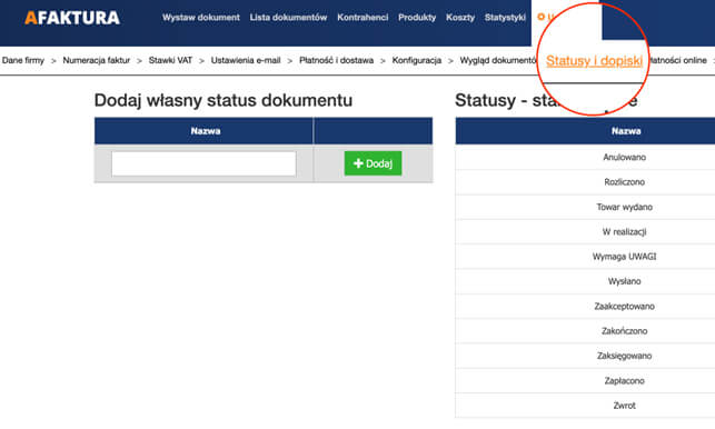 Wybierz przycisk statusy i dopiski