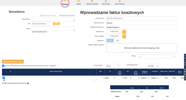 Wypełnij formularz z danymi kosztów
